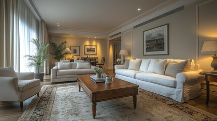 Elegant Living Room Interior Design: Luxury Apartment Suite with Soft Lighting and Neutral Tones
