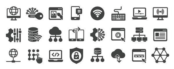 Internet computer solid icons collection. Containing connecting, networking, computing, server, hosting etc icons. Perfect pixel on transparent background. Vector illustration.