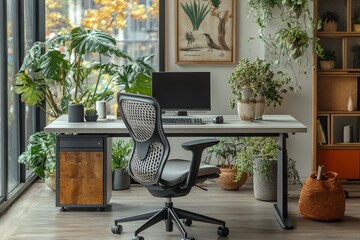 Modern home office desk with black metal frame and white wood top, matching chair, and storage cabinet in a small studio apartment.
