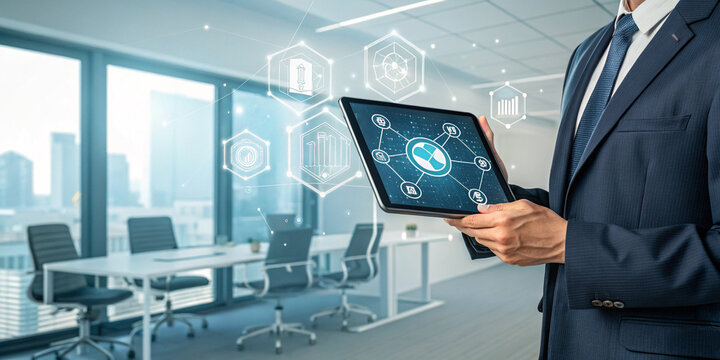 Businessman Holding Tablet with Virtual Screen Displaying NFT Token for Digital Assets
