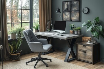 Modern home office desk with black metal frame and white wood top, matching chair, and storage cabinet in a small studio apartment.