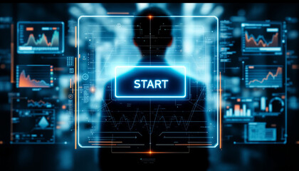 virtual interface of a symmetrical large transparent futuristic screen with a button with the text START, graphs and infographics with a blurred silhouette of a person behind 