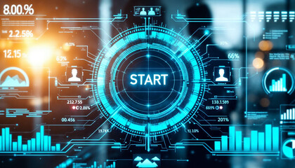 virtual interface of a symmetrical large transparent futuristic screen with a button with the text START, graphs and infographics with a blurred silhouette of a person behind 