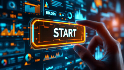 button with text START at virtual interface of a large transparent futuristic screen with buttons, graphs and infographics