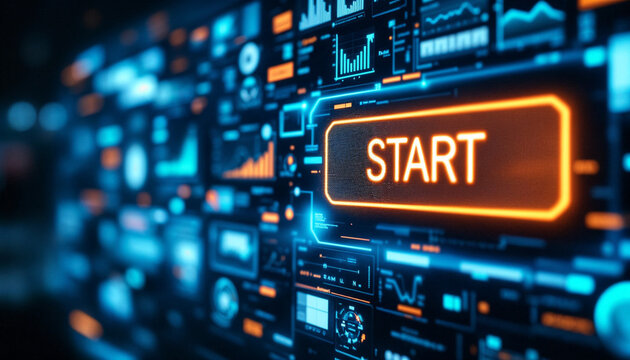 button with text START at virtual interface of a large transparent futuristic screen with buttons, graphs and infographics - Powered by Adobe