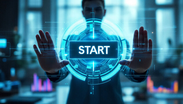 virtual interface of a symmetrical large transparent futuristic screen with a button with the text START, graphs and infographics with a blurred silhouette of a person behind 
