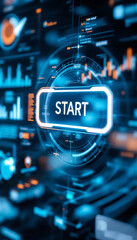 Obraz premium button with text START at virtual interface of a large transparent futuristic screen with buttons, graphs and infographics