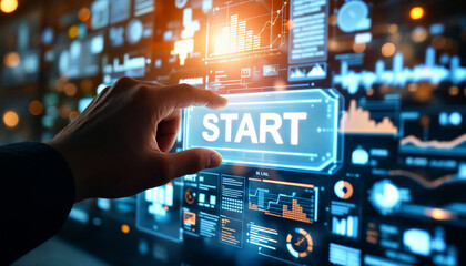 button with text START at virtual interface of a large transparent futuristic screen with buttons, graphs and infographics