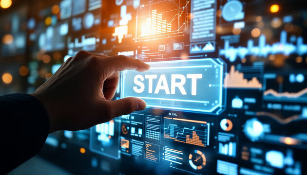 button with text START at virtual interface of a large transparent futuristic screen with buttons, graphs and infographics