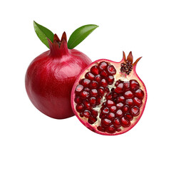 A ripe pomegranate with vibrant red skin, partially sliced to reveal juicy seeds and green leaves on top.