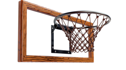 Basketball hoop attached to wooden backboard on transparent background