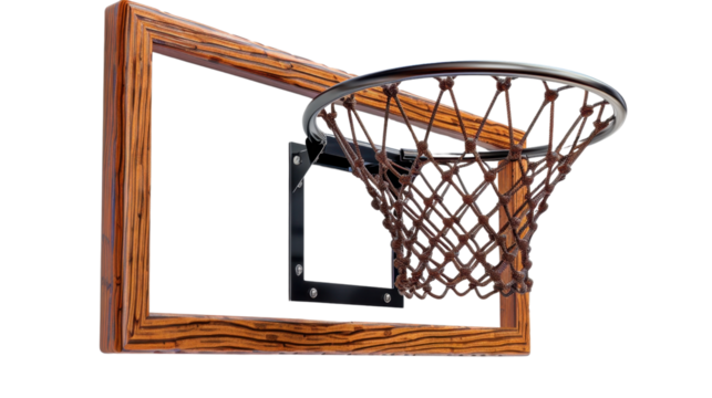 Basketball hoop attached to wooden backboard on transparent background