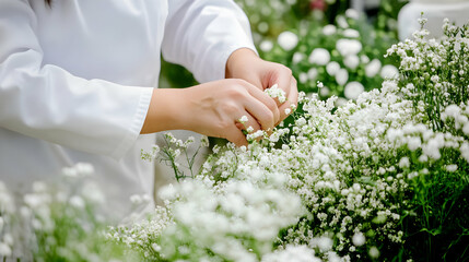 Close-up of hands at a flower shop as a florist gathers a bouquet of various flowers