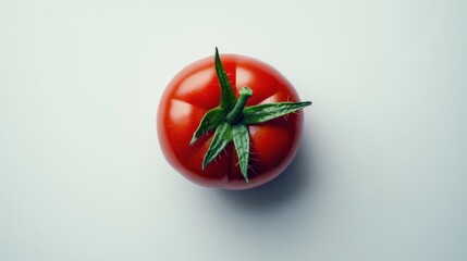 Fresh Red Tomato with Green Stem on Light Background