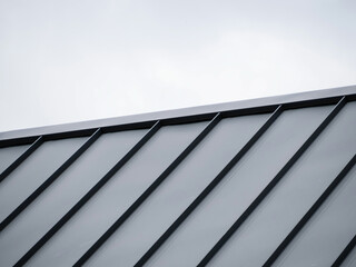Modern Tray Metal Roof and Black Standing Seam Panels Against Cloudy Sky