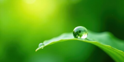 A Vibrant Green Leaf Gently Holding Morning Dew Drops, Reflecting Sunlight and the Tranquility of Nature
