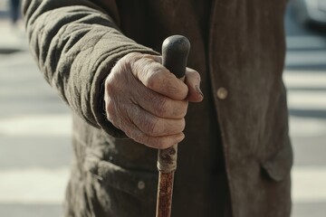 Detail of wrinkled hands grasping a cane senior man with cane stands on the sidewalk