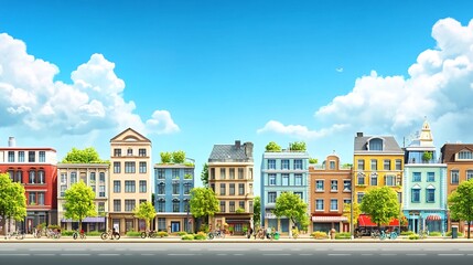 Obraz premium Sunny city street, cyclists, pedestrians, shops, summer