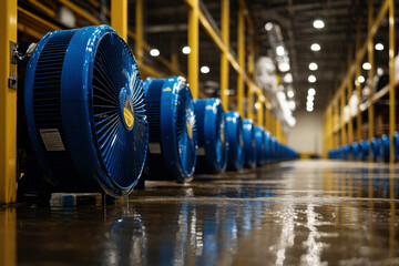 Obraz premium Industrial fan in a warehouse with a wet floor, cleanup, and pavement dried out.