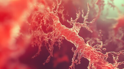 Abstract Close-up of Red Microbial Structures on Colorful Background