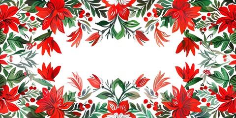 Red floral winter frame, holiday design, white background, festive card