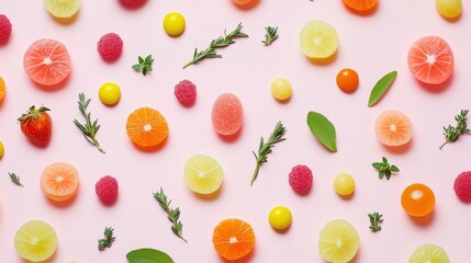 Vibrant Spread of Fresh Fruits and Herbs on Pink Background