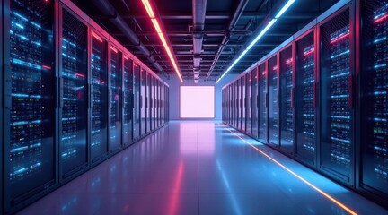Illuminated Data Center Corridor Rows of Servers Glowing with Neon Lights, Reflecting on Polished Floors