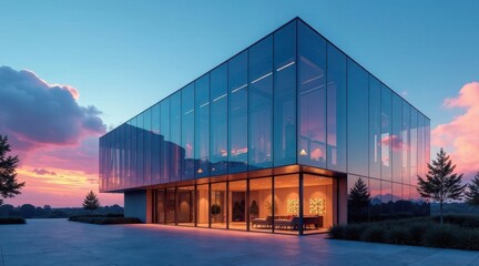 Fototapeta premium Modern Glass Pavilion at Dusk Reflecting Sunset Hues in a Serene Landscape