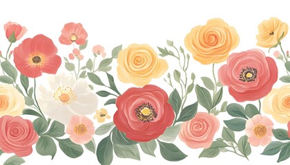 Delicate Watercolor Floral Border Design Featuring Roses and Poppies