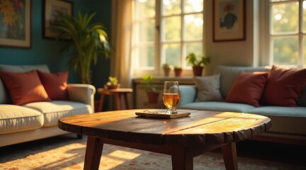Obraz premium Golden hour sunlight streams through windows illuminating a rustic wooden coffee table with a glass of amber liquid, cozy living room furniture, and potted plants.