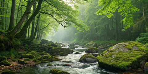 Tranquil woodland river winding through a lush forest, with mossy rocks and dappled sunlight creating a peaceful and refreshing nature retreat