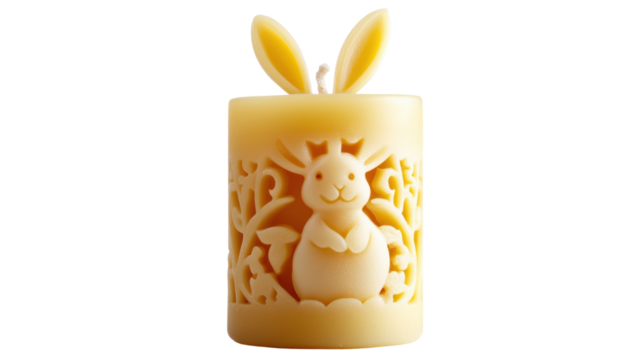 Easter candle with bunny ears and carved rabbit celebrating spring holiday on transparent background