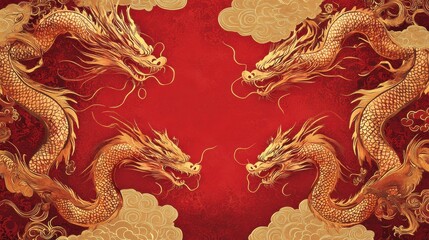 Obraz premium Majestic Golden Dragons Surrounded by Red Clouds and Background