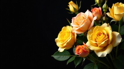 A captivating bouquet of delicate yellow and peach roses, elegantly arranged against a stark black backdrop, showcasing their vibrant hues and soft petals.