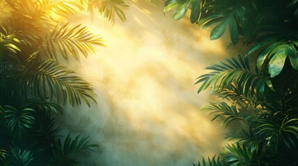 Obraz premium Tropical Paradise: Sunlit Palm Leaves and Golden Wall Backdrop