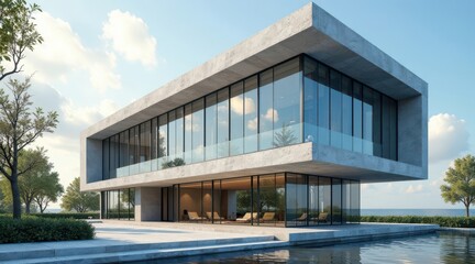 Fototapeta premium Modern Concrete Residence with Expansive Glass Walls and a Serene Water Feature