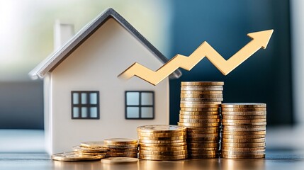 Rising home prices coins and house model. Use Real estate investment