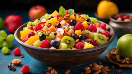 Fruit Chaat with Mixed Fresh Fruits, Spices, and Tangy Flavors, Popular Indian Snack for a Refreshing and Healthy Treat