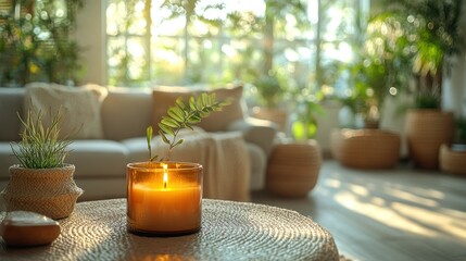 Serene Home Interior: Candlelight and Plants