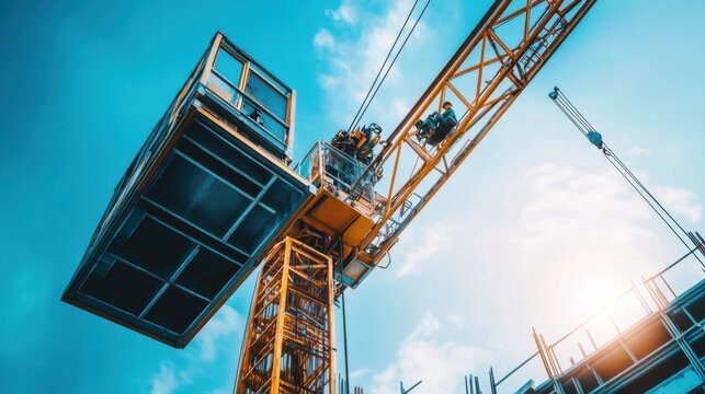 An intimate view of a crane operator in a tower crane cabin, lifting heavy steel beams at a skyscraper construction site, Skyscraper crane operation scene