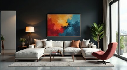 Modern living room interior design featuring a sectional sofa, abstract artwork, and accent chair
