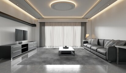 Cinema room, home theater, LED TV, sofa in game room, 3D illustration