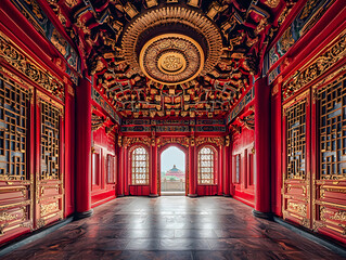 Obraz premium A majestic view from inside a traditional Chinese temple