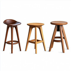 Three modern wooden stools standing on white background