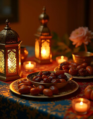 Ramadan Iftar Flat-Lay with Dates, Tea, and Lanterns