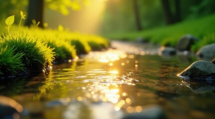Fototapeta premium Golden sunlight reflecting on a tranquil stream, gently flowing past lush green grass and smooth river stones