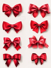 Red satin bows, various styles, gift wrapping, white background, design element