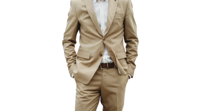 Businessman putting hands in pockets wearing beige suit on transparent background