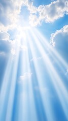 Fototapeta premium Sunbeams pierce clouds, blue sky backdrop, hope, faith, spiritual