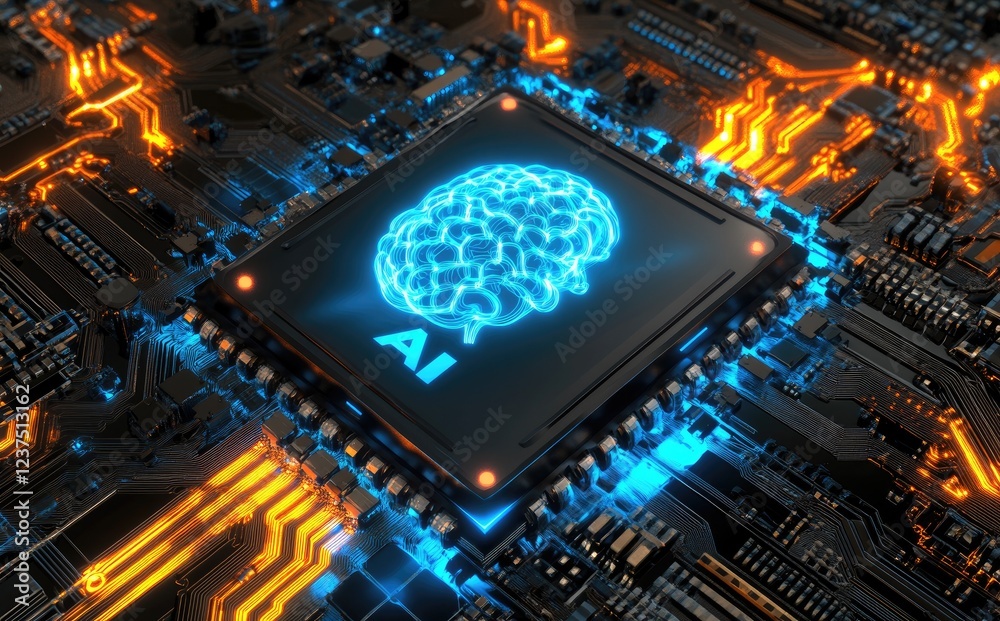 Poster futuristic ai chip with a glowing brain graphic on a high-tech circuit board featuring vibrant blue 
